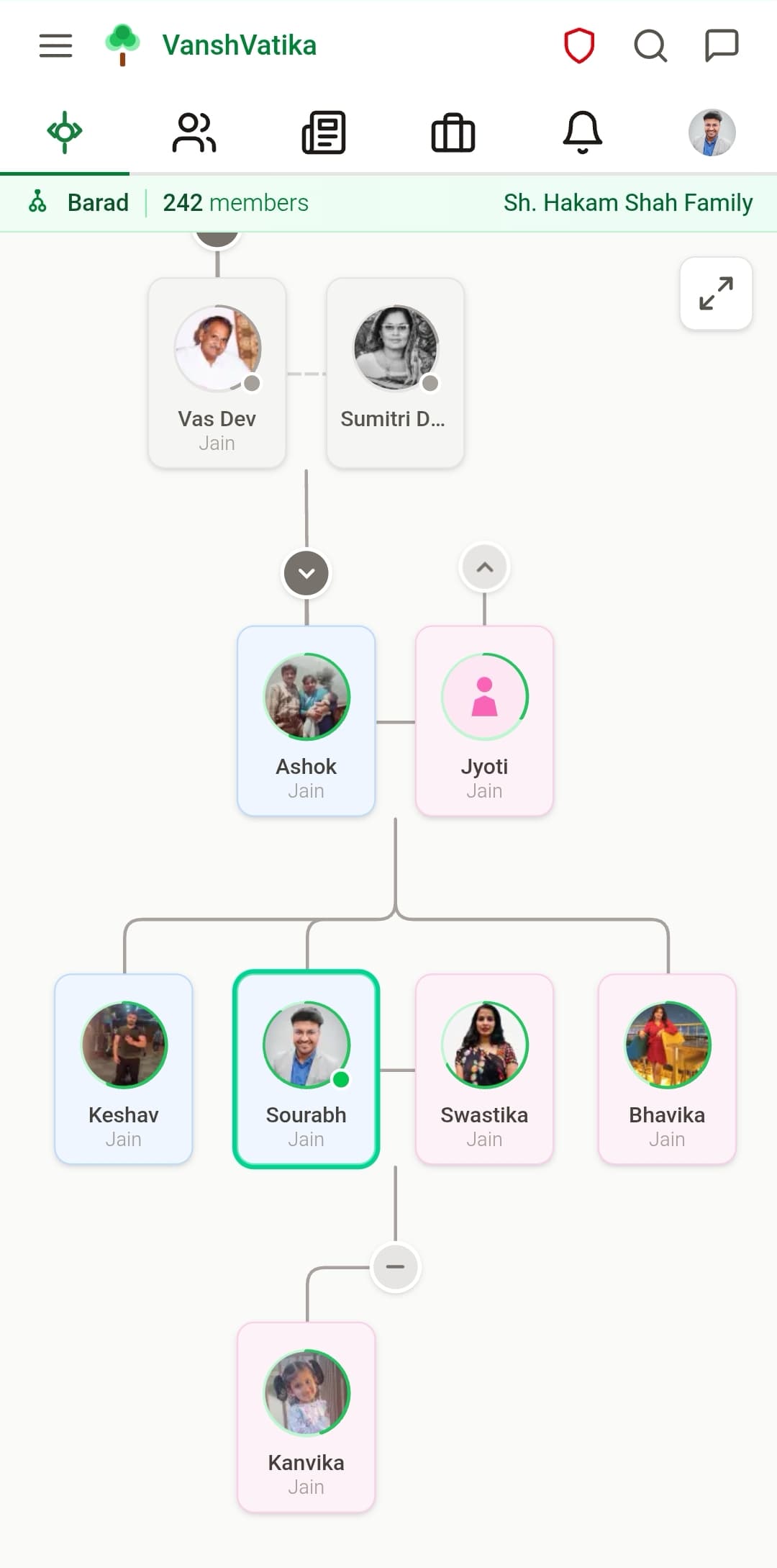 VanshVatika family tree visualization showing multiple generations of an Indian family on mobile phone